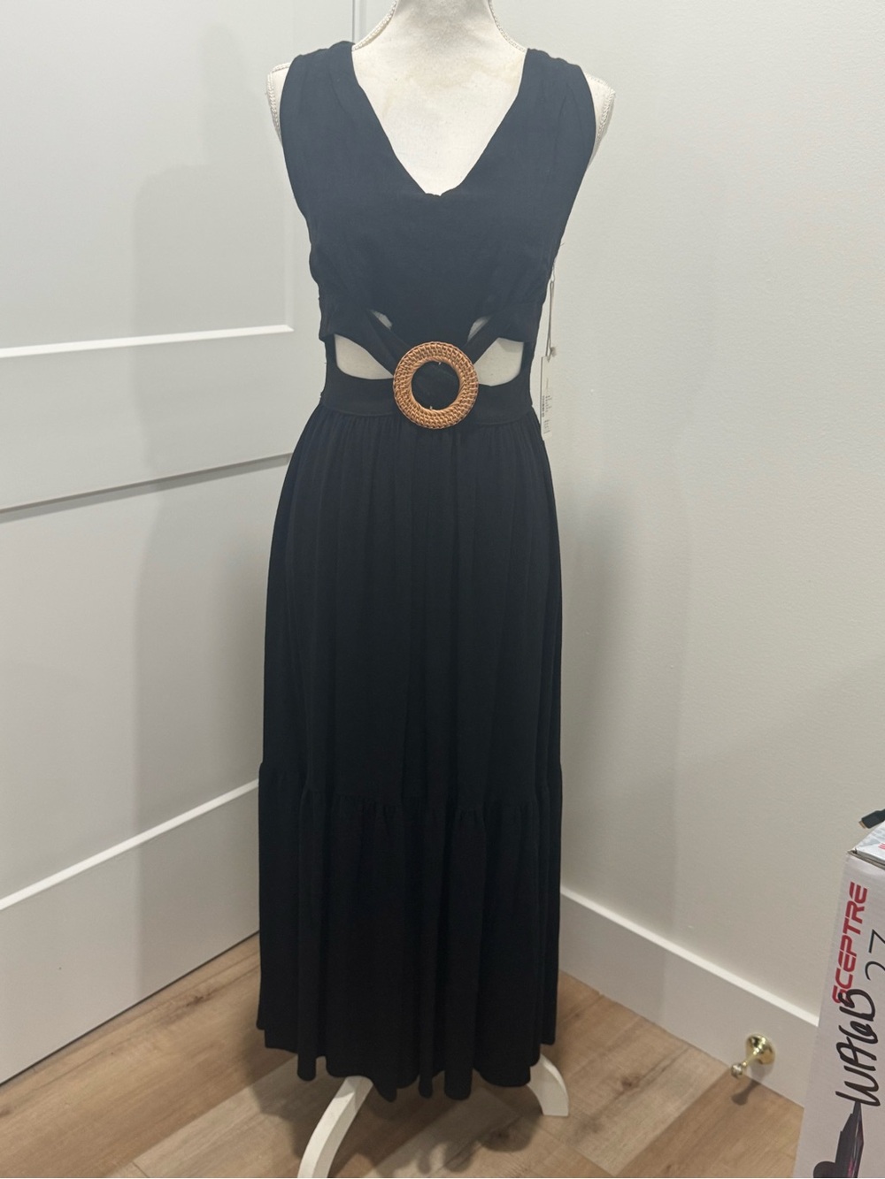 Vintage Havana Black Cutout linen Maxi Dress with Woven Belt Accent